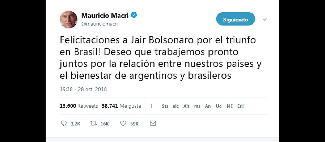 Macri felicitoacute  al electo  presidente Bolsonaro