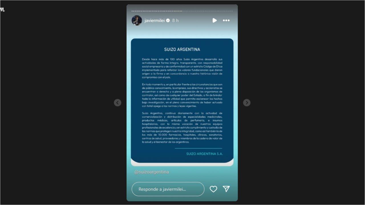 En medio del escaacutendalo Javier Milei compartioacute un comunicado de la drogueriacutea sospechada por coimas