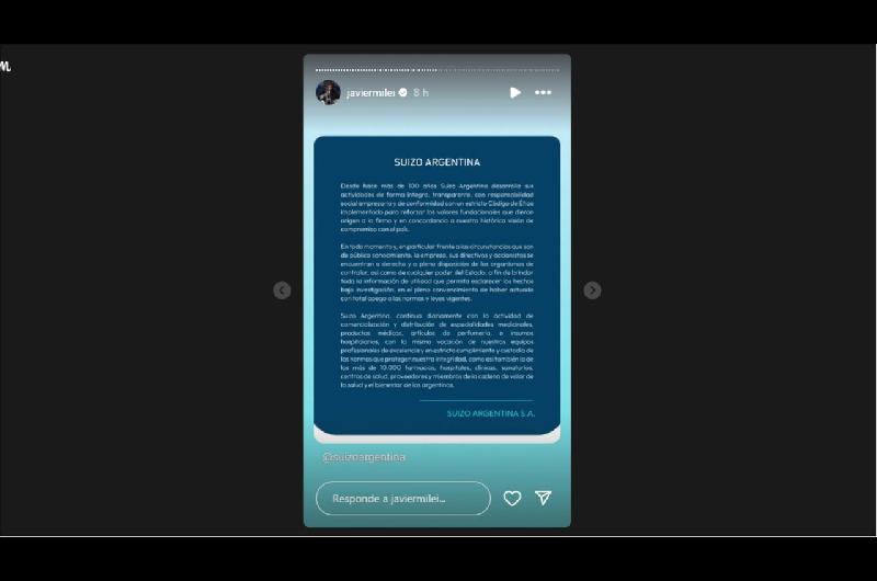En medio del escaacutendalo Javier Milei compartioacute un comunicado de la drogueriacutea sospechada por coimas