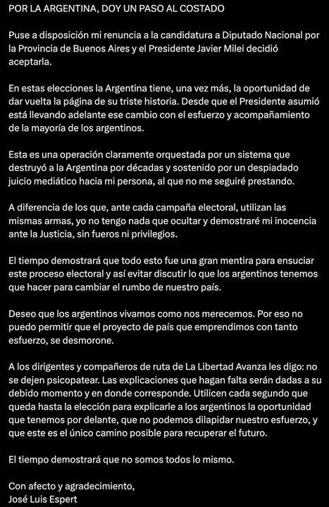 El comunicado de Joseacute Luis Espert con su renuncia