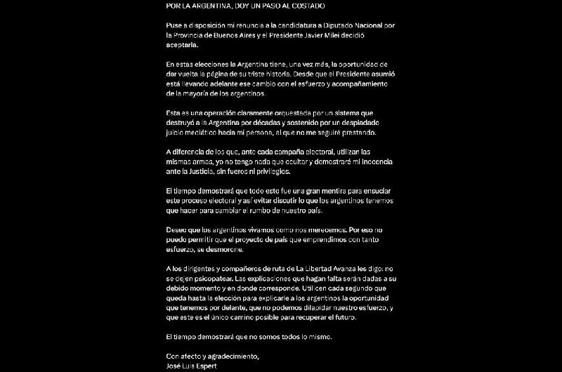 El comunicado de Joseacute Luis Espert con su renuncia