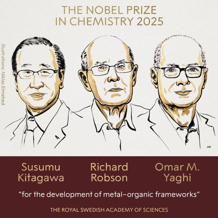 El premio Nobel de Quiacutemica 2025 fue otorgado a Susumu Kitagawa Richard Robson y Omar M Yaghi  
