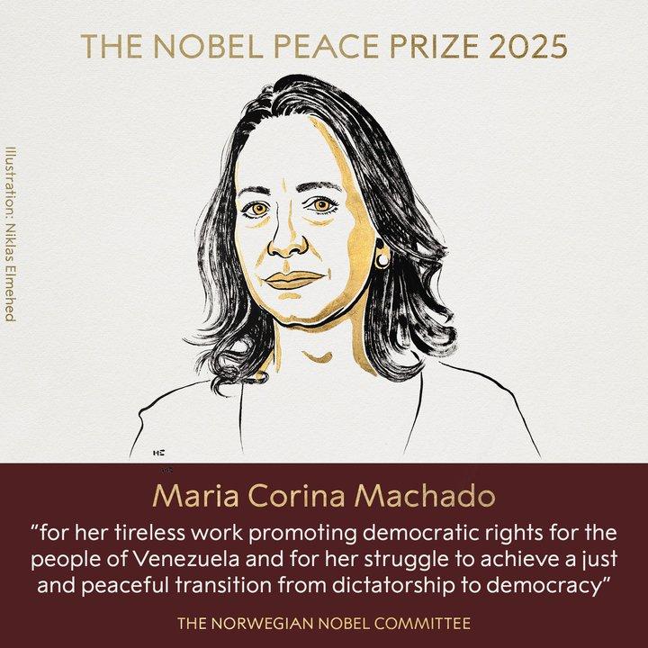 El Premio Nobel de la Paz 2025 fue otorgado a Mariacutea Corina Machado- ldquoiexclEstoy en shockrdquo