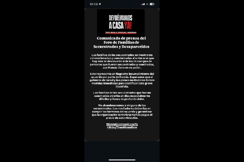 Los familiares de rehenes israeliacutees estaacuten ldquoconsternados