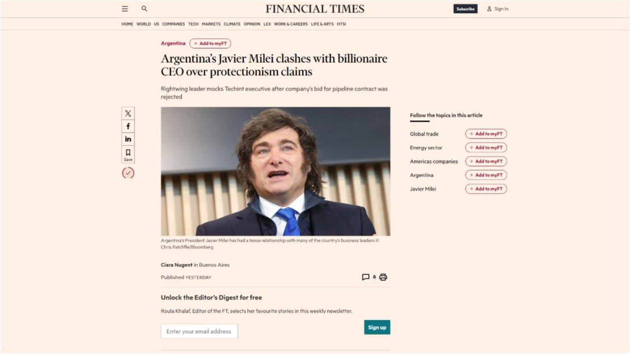 Financial Times- Milei vs Paolo Rocca el choque entre el Presidente y la eacutelite empresarial por el proteccionismo