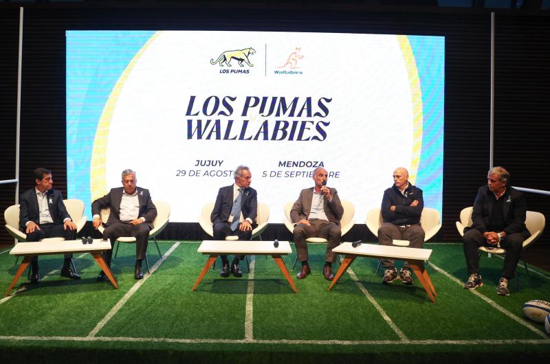 Sadir junto a Scioli y Cornejo en el lanzamiento de los encuentros de rugby entre Argentina y Australia
