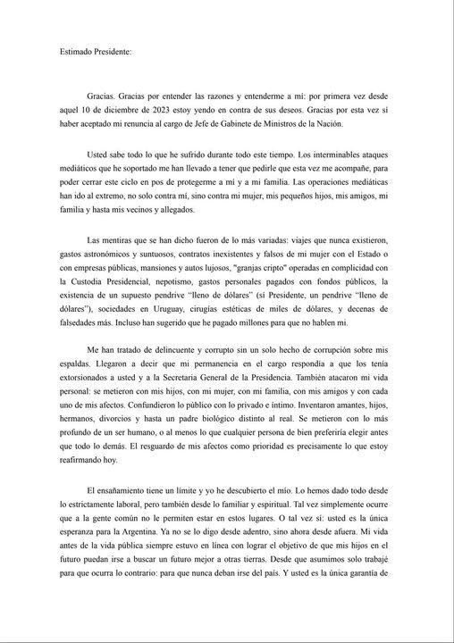 Carta completa con la que Adorni renuncioacute a su cargo