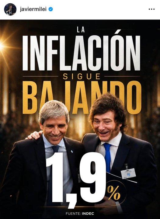 El festejo de Milei en redes tras la confirmacioacuten del 19-en-porciento- de inflacioacuten de junio